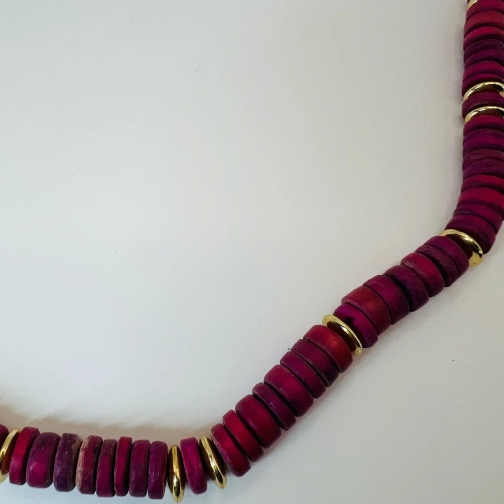 Vintage Magenta Disk Bead Necklace Gold Tone Spacers Boho Statement 16–17”